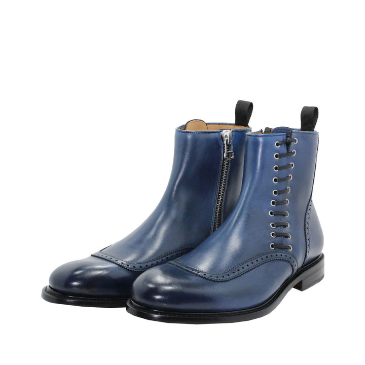 Blue leather lace-up ankle boots with side zippers