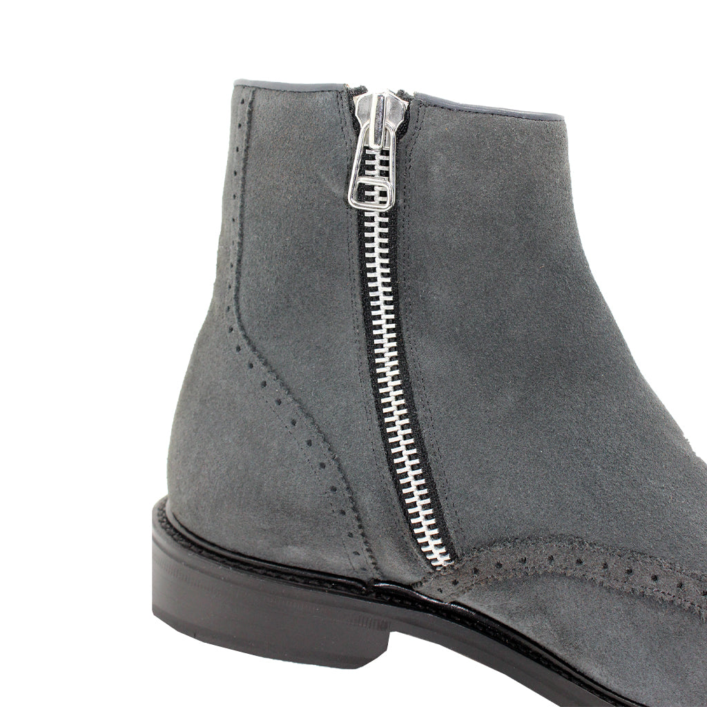 Grey suede ankle boot with side zipper detail