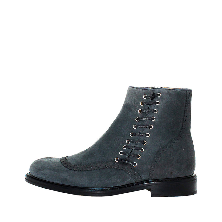 Men's grey suede lace-up ankle boots with black sole