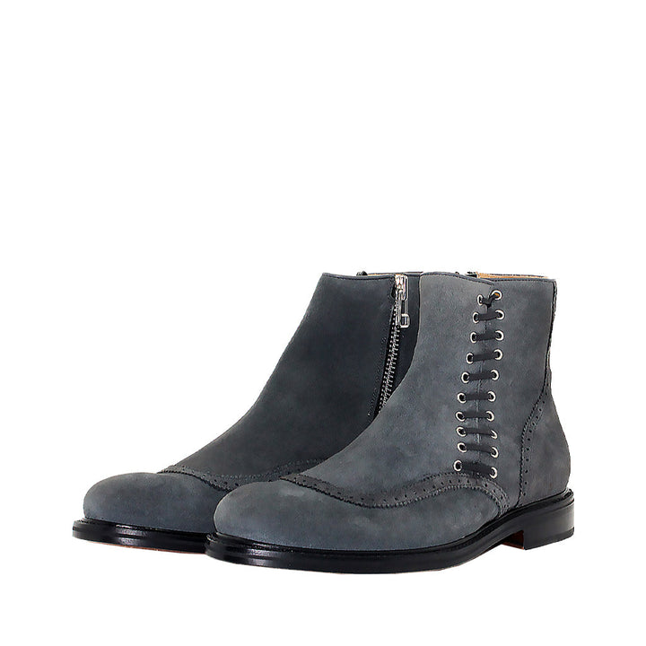 Gray suede leather ankle boots with side zipper and lace-up detail