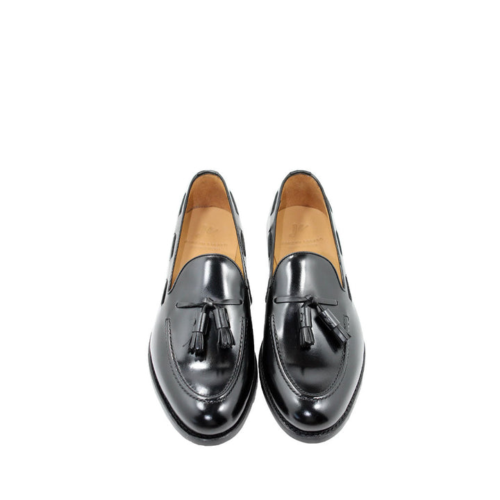 Black leather tassel loafers