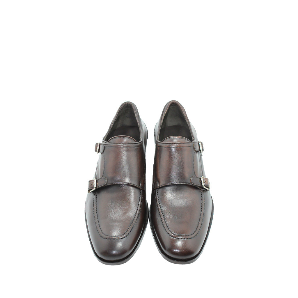 Brown leather double monk strap dress shoes