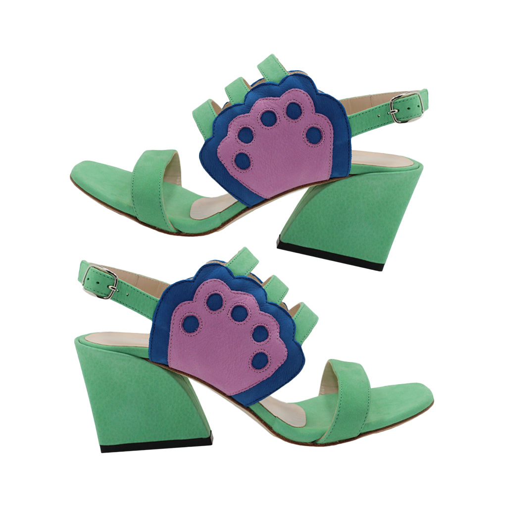 Green block heel sandals with purple and blue decorative design