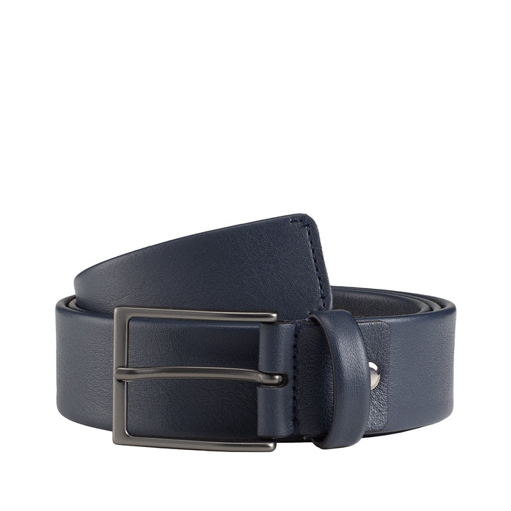 Men's navy leather belt with silver buckle