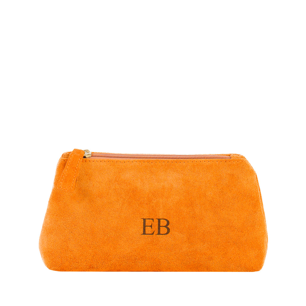 Orange suede zippered pouch with EB monogram