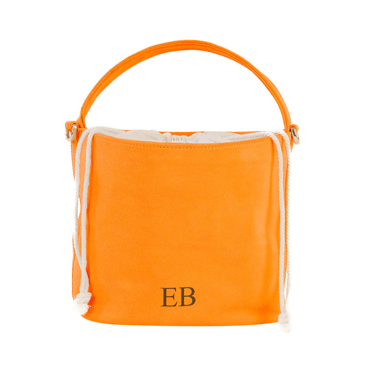 Bright orange bucket bag with rope handles and EB monogram