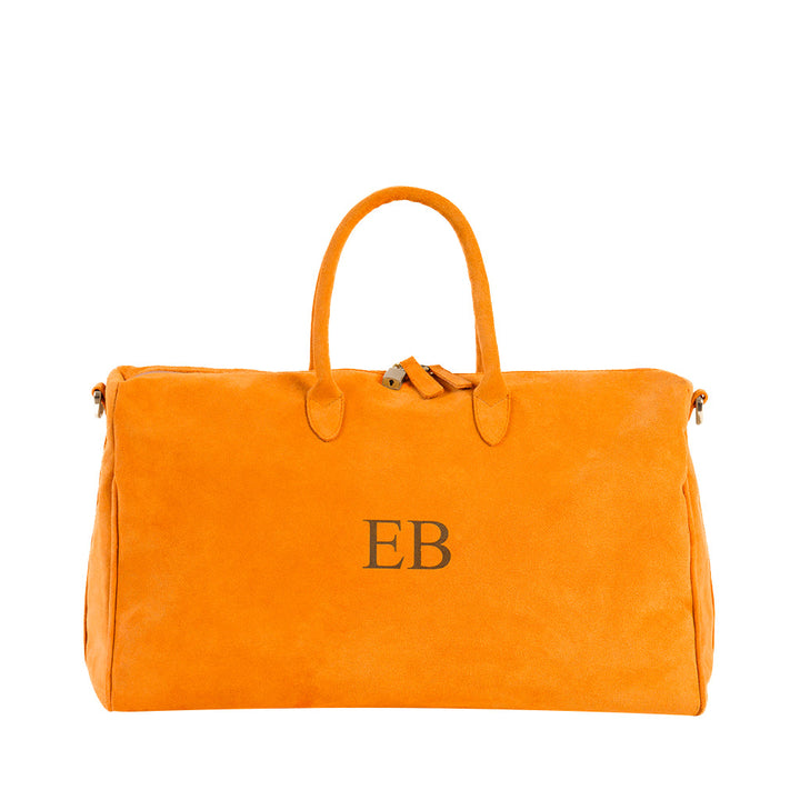 Bright orange suede duffle bag with monogram EB