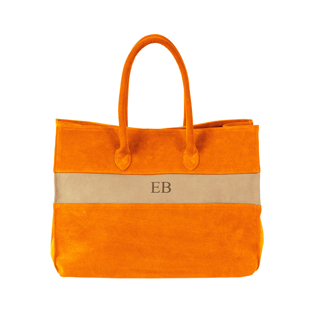 Orange suede tote bag with beige stripe and monogram EB