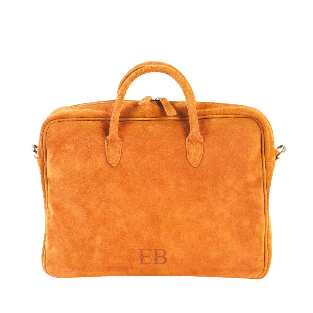 Orange suede leather briefcase with initials EB embossed on the front