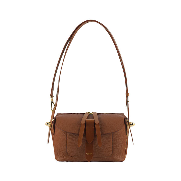 Brown leather handbag with shoulder strap and front buckle details