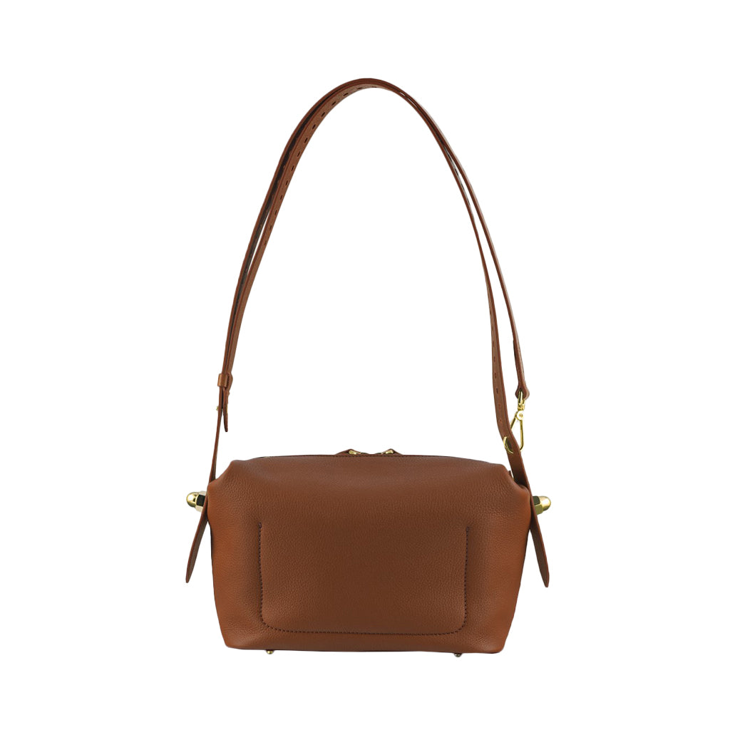 Brown leather handbag with adjustable shoulder strap