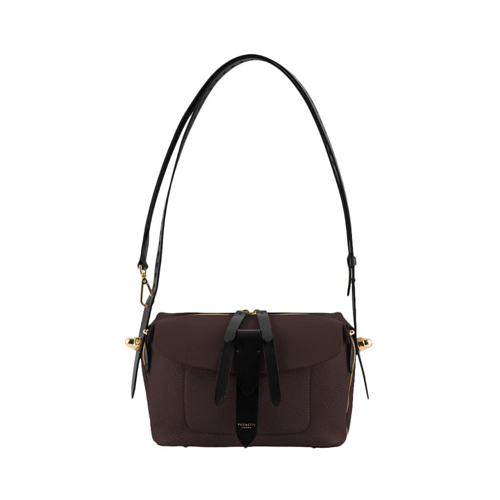 Brown leather shoulder bag with black strap and gold hardware