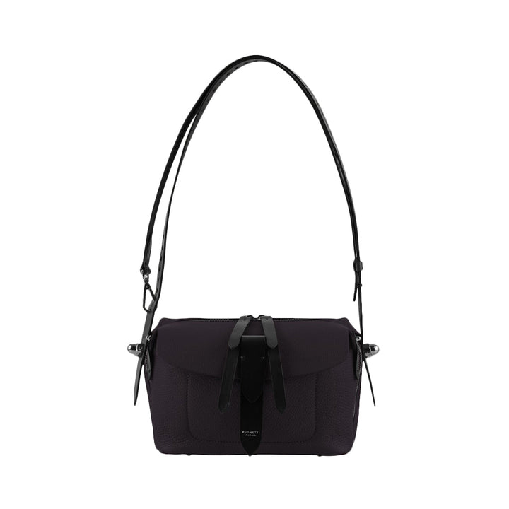 Elegant black shoulder bag with adjustable strap and front flap closure