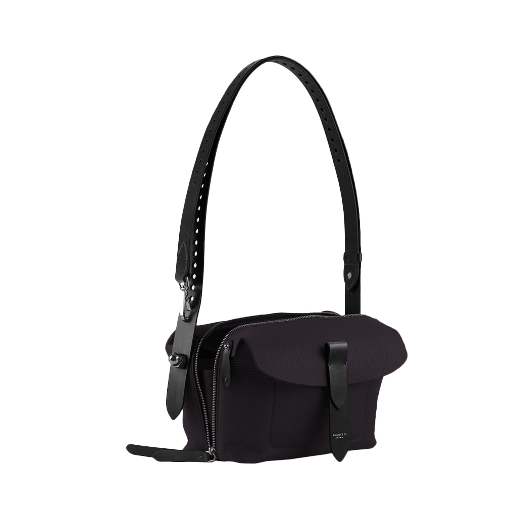 Black leather shoulder bag with adjustable strap and front pocket