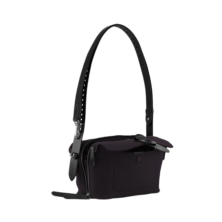 Black leather shoulder bag with adjustable strap and front zipper pocket