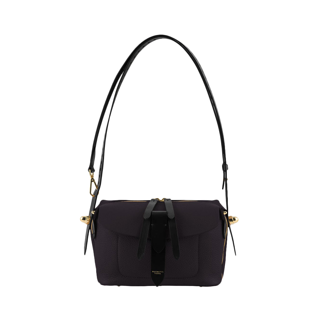 Black designer shoulder bag with gold accents