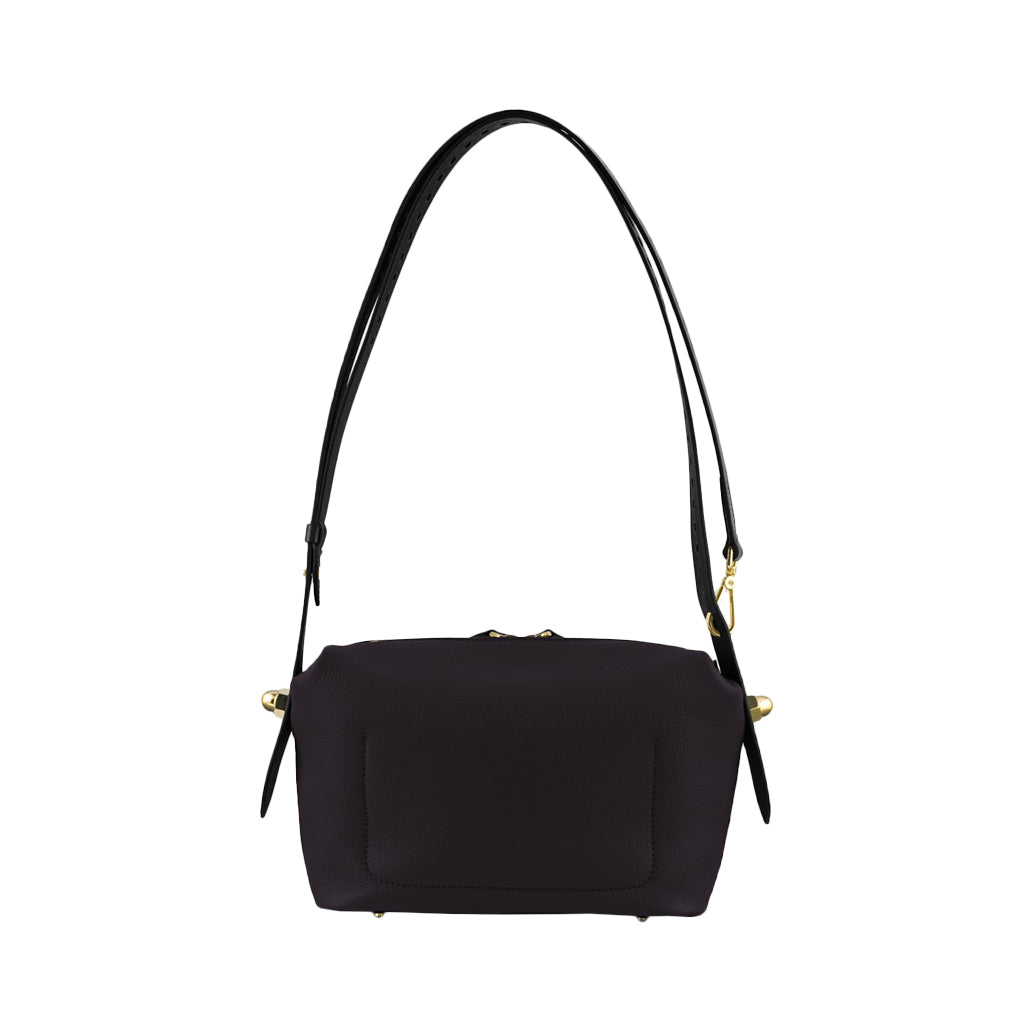 Stylish black leather handbag with gold hardware and long adjustable strap