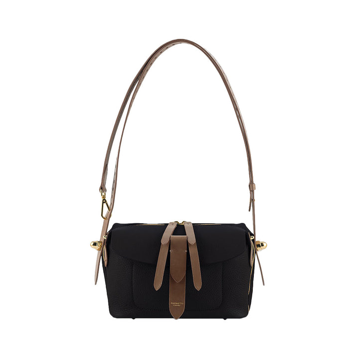 Black leather handbag with brown straps and gold hardware