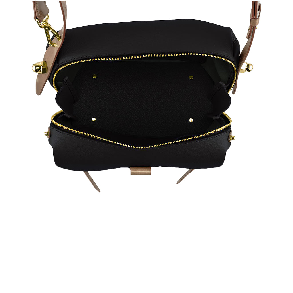 Black leather handbag with open zipper, showing spacious interior and gold hardware