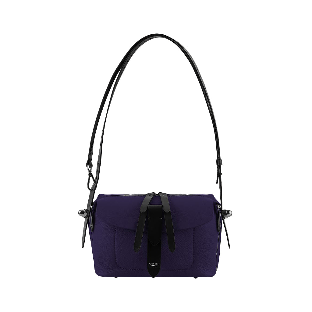 Purple designer handbag with black leather strap and bow detail