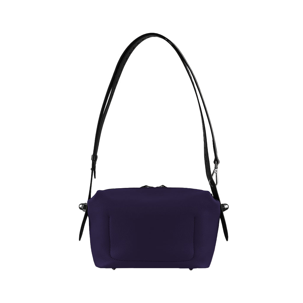 Dark purple crossbody bag with black adjustable strap