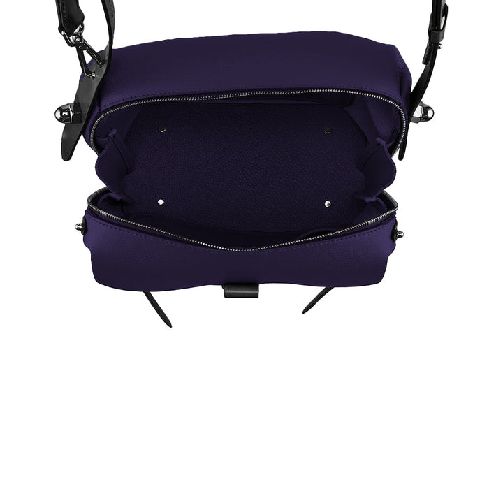 Open dark purple handbag with visible interior