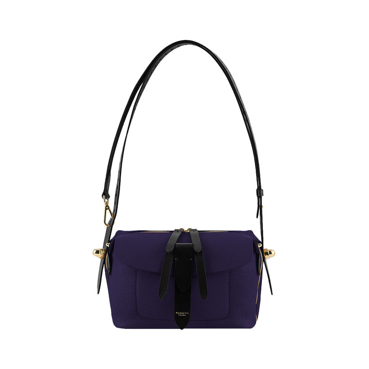 Elegant purple handbag with black strap and gold accents