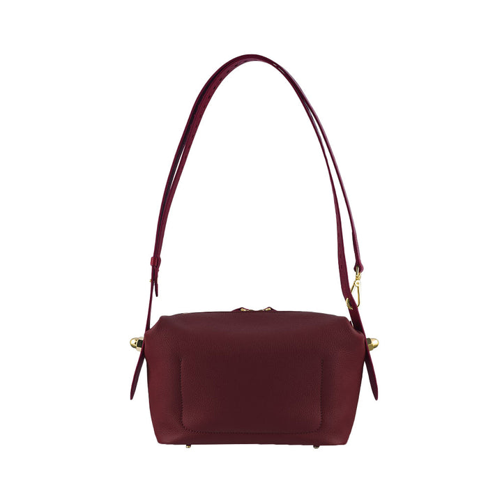 Maroon leather handbag with shoulder strap