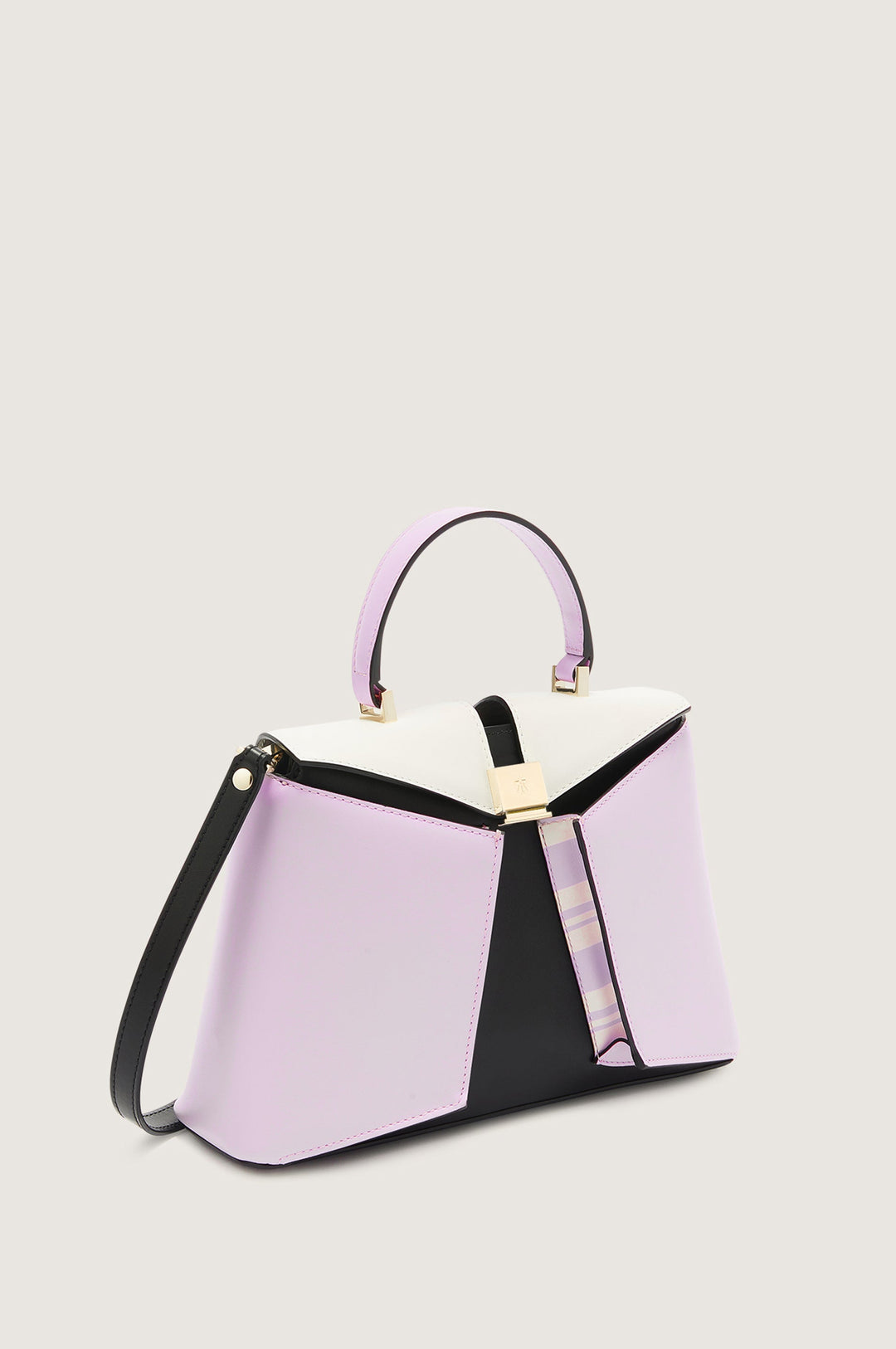 Lilac and black leather handbag with top handle and shoulder strap