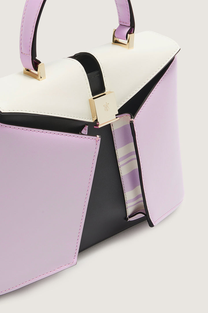 Stylish purple, black, and white handbag with gold accents and a striped interior