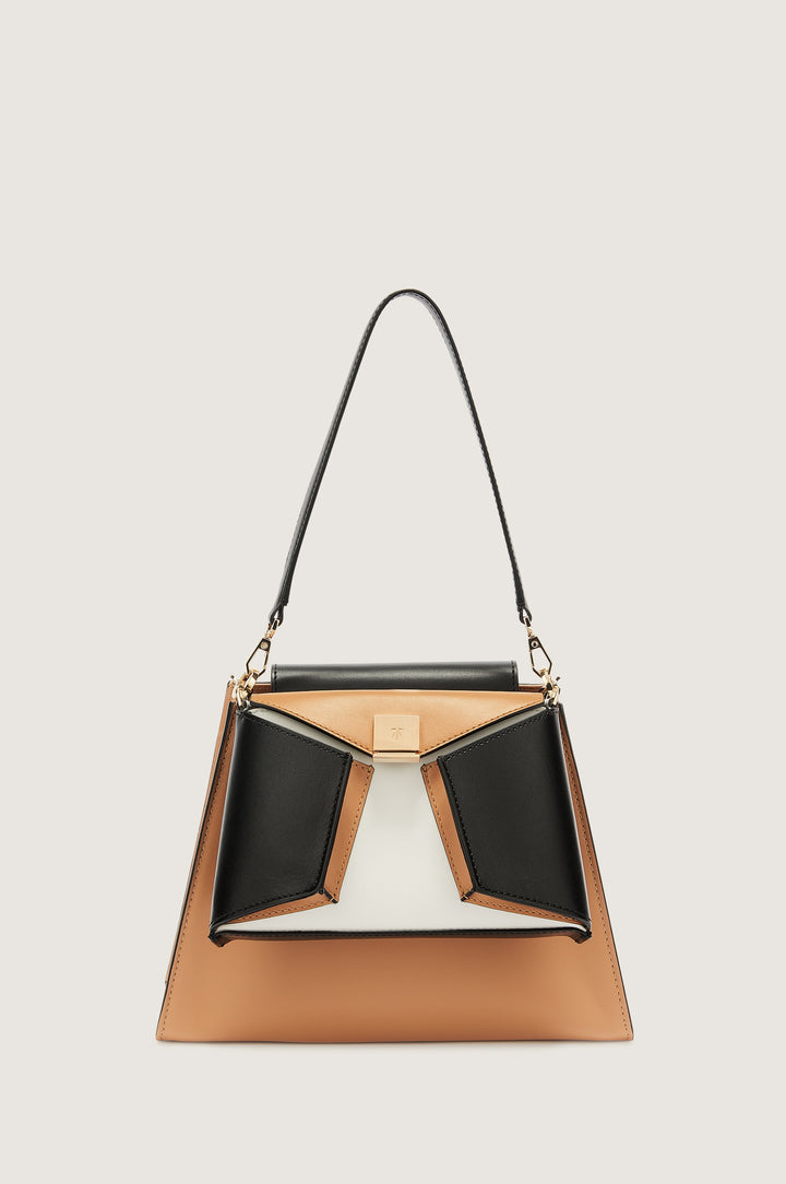 Stylish tricolor handbag with leather strap and geometric design