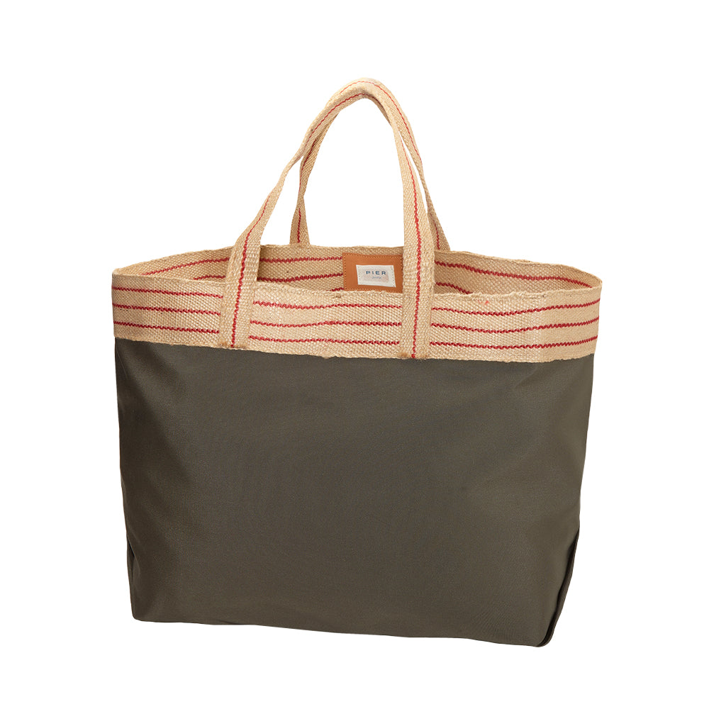 Beige and gray canvas tote bag with red striped handles