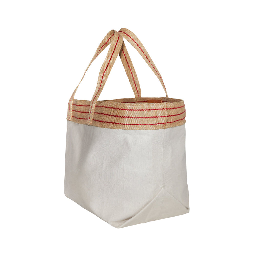 Eco-friendly white canvas tote bag with red striped handles