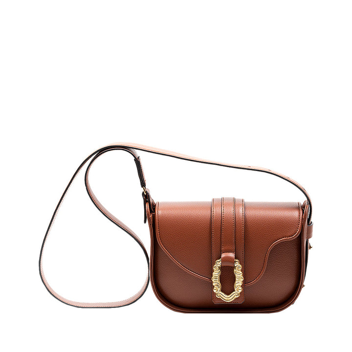 Brown leather crossbody bag with gold buckle detail on white background