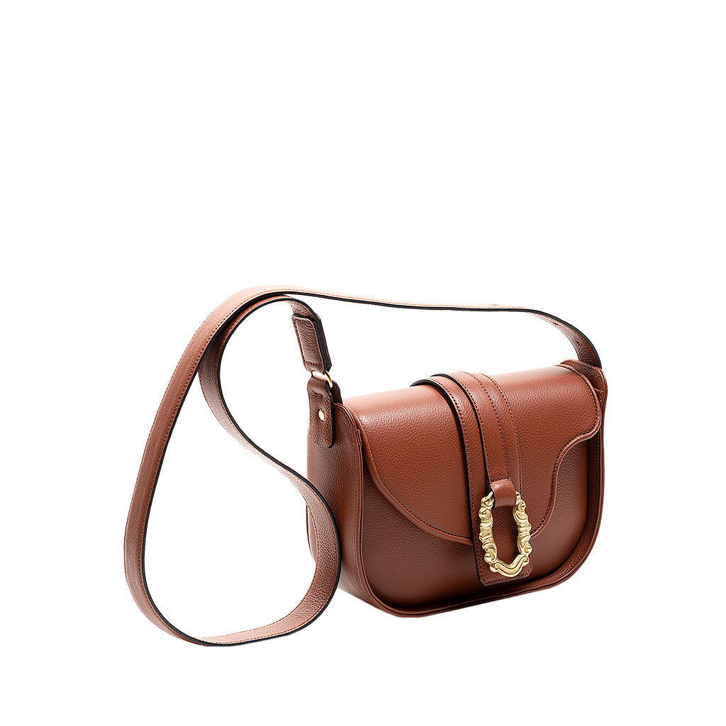 Elegant brown leather handbag with gold buckle and adjustable strap