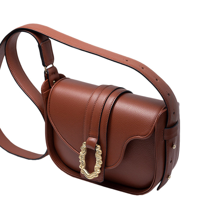 Elegant brown leather crossbody bag with gold buckle detail