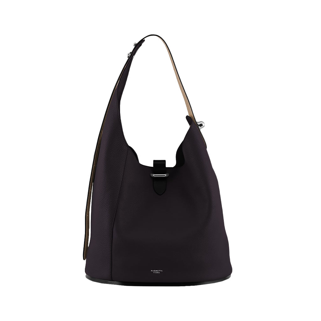 Black leather hobo shoulder bag with adjustable strap and minimalist design