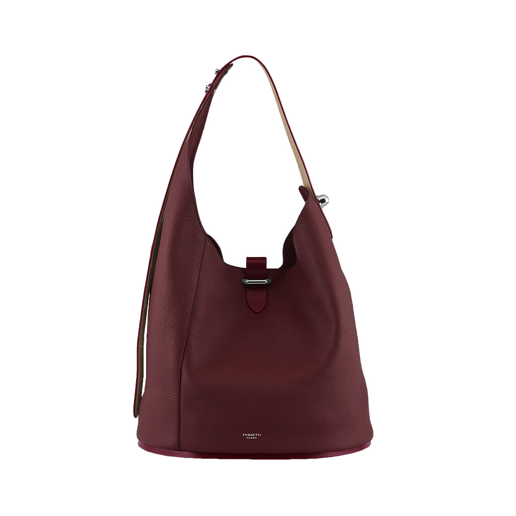 Burgundy leather bucket handbag with single strap and clasp closure