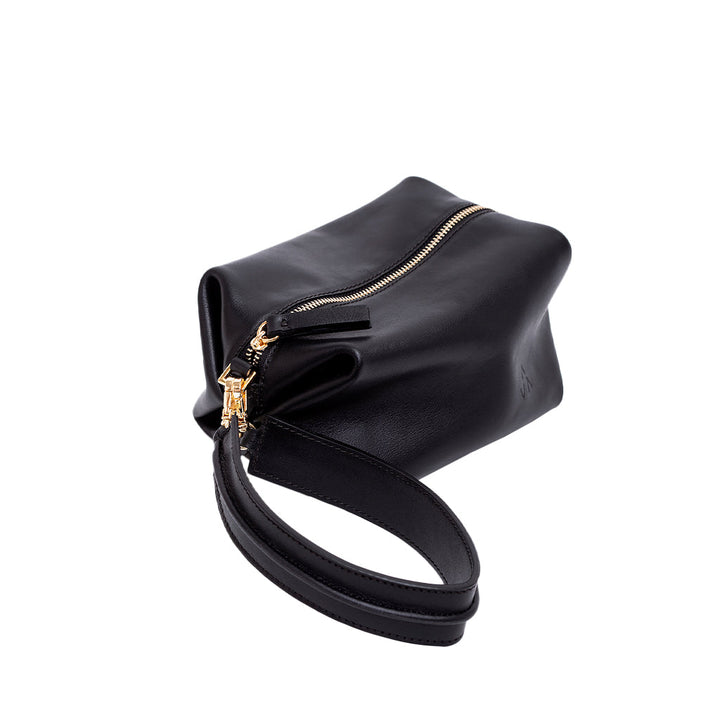 Black leather clutch purse with gold zipper and wrist strap