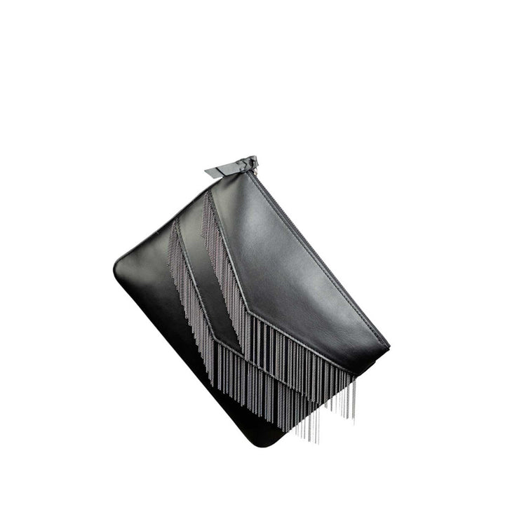 Black leather clutch with fringe detailing