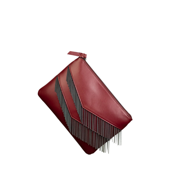 Red leather clutch with decorative fringe details