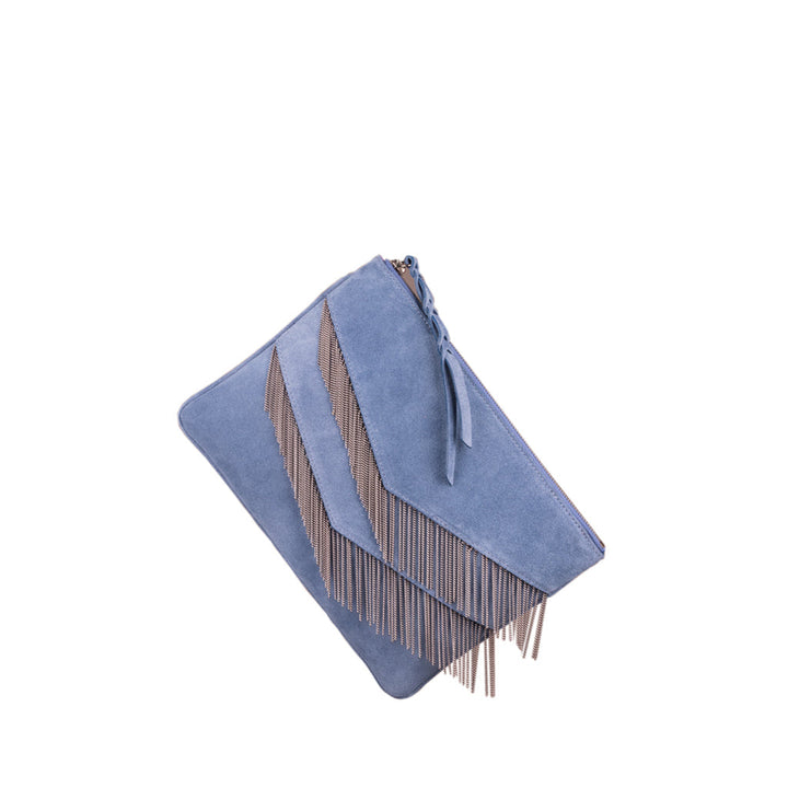 Blue suede clutch bag with fringe detailing