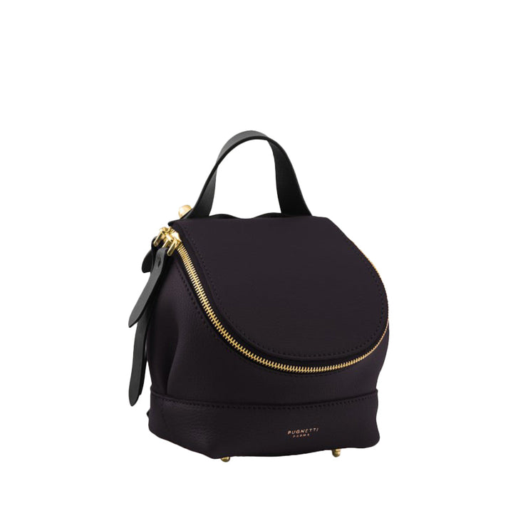 Elegant black leather backpack with gold zipper accents and top handle