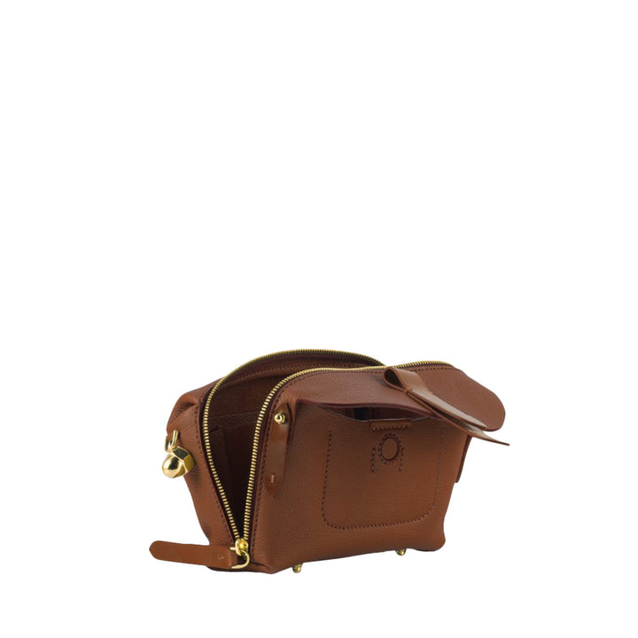 Luxurious brown leather pouch with gold zipper and detailing