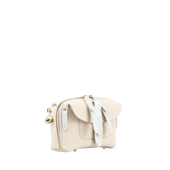 Small beige leather handbag with white accents and gold hardware