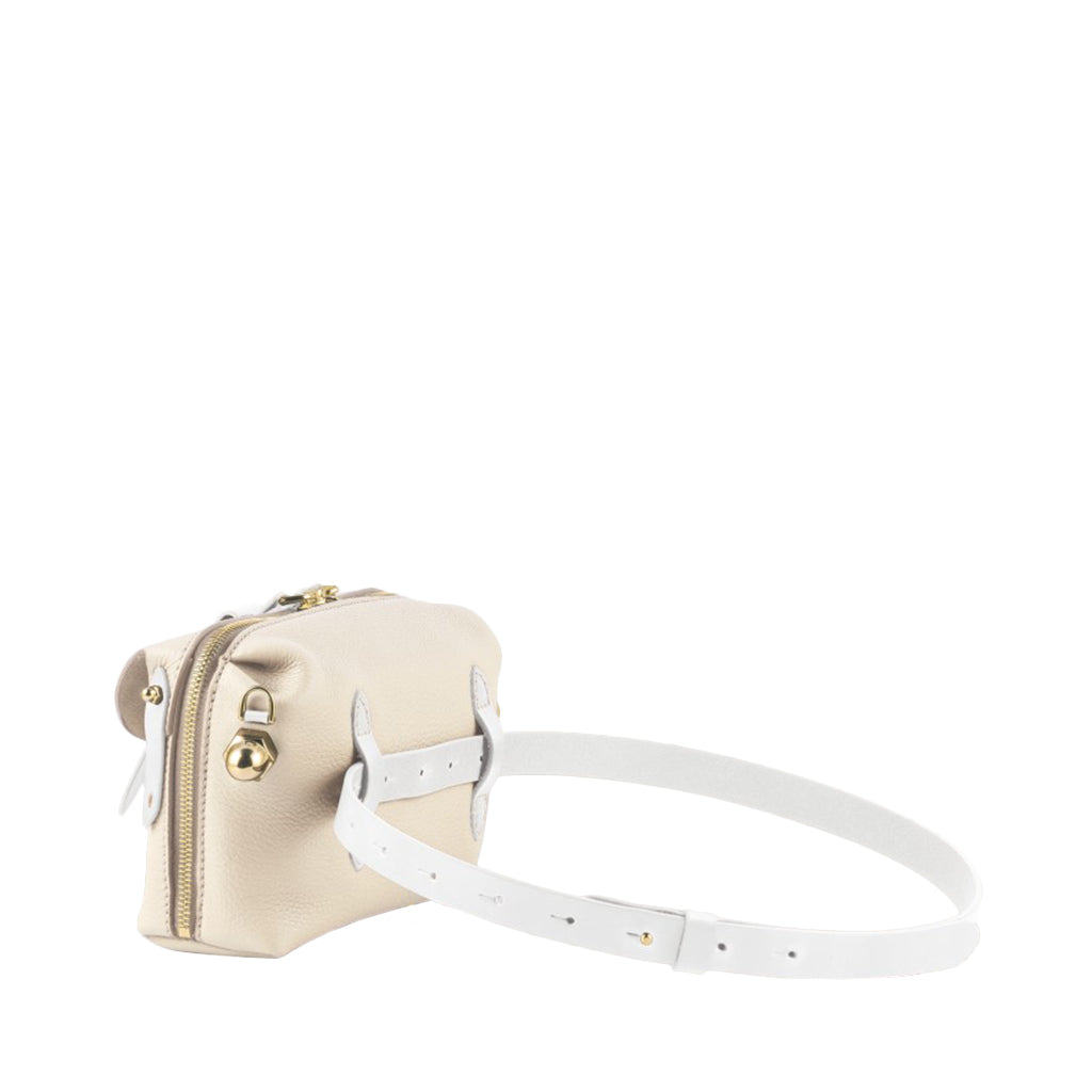 Beige leather crossbody bag with white adjustable strap and gold hardware