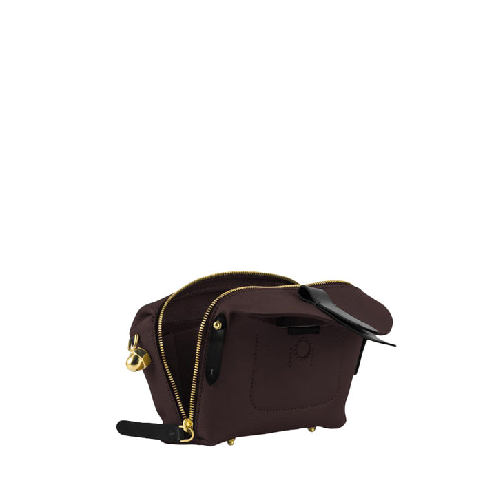 Brown leather toiletry bag with gold zipper and black accents