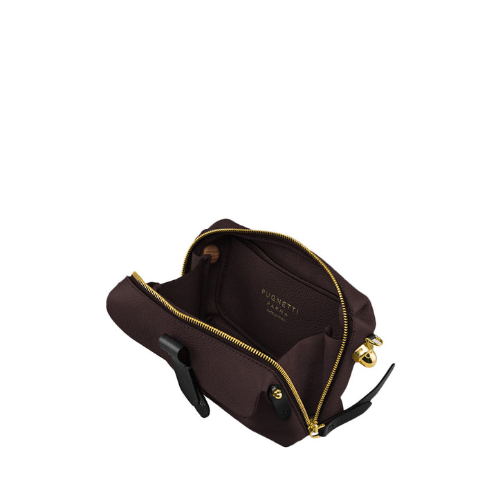 Open dark brown leather handbag with gold zippers and black strap