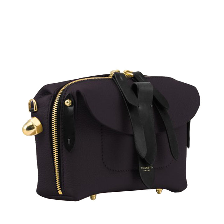 Dark purple designer handbag with gold accents and black leather straps