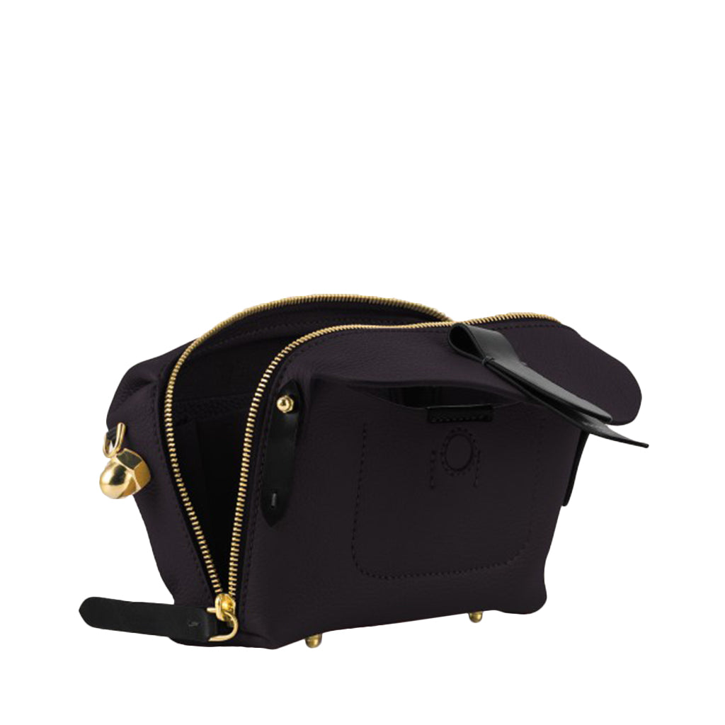 Black leather zippered travel bag with gold accents